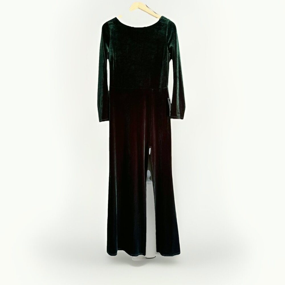 Rebecca B Deep Green Velvet Formal Dress 12 Drape Back Front Leg Slit Holiday